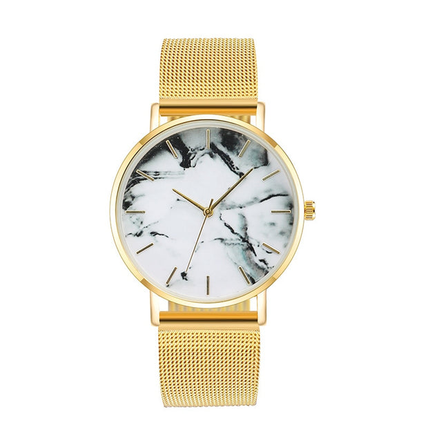 Fashion Rose Gold Mesh Band, Creative Marble Female Wrist Watch