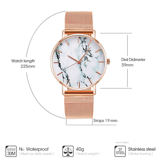 Fashion Rose Gold Mesh Band, Creative Marble Female Wrist Watch