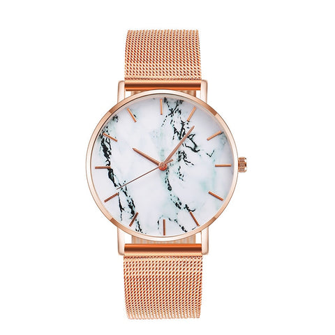 Fashion Rose Gold Mesh Band, Creative Marble Female Wrist Watch