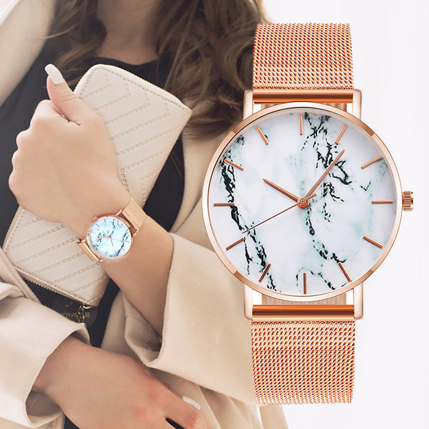 Fashion Rose Gold Mesh Band, Creative Marble Female Wrist Watch